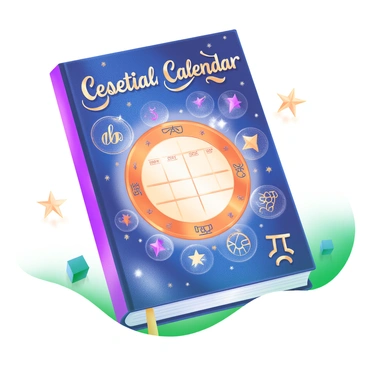A book cover featuring a "celestial calendar" prominently displayed in the center. Surrounding the calendar are various "zodiac signs" illustrated in intricate designs, each represented by its corresponding symbol. The background is filled with "star patterns" that twinkle against a rich, deep blue backdrop, creating a cosmic atmosphere. Delicate shimmering details add a magical touch to the entire illustration. The title of the book is elegantly positioned at the top in ornate lettering.