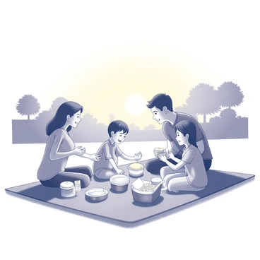 A family of four is sitting on a picnic blanket spread out on the grass. The parents are smiling as they share a meal, while two children are eagerly reaching for Jollibee meals placed on the blanket. The table is filled with various containers of food, including burgers and fries. In the background, the sun is setting, casting a warm glow over the park. Silhouettes of trees can be seen against the fading light. The scene captures the joy and togetherness of a family outing.