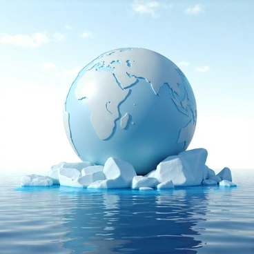 A large iceberg shaped like a globe, featuring a smooth, spherical surface that reflects the surrounding icy blue waters. The iceberg has intricate patterns and textures, resembling continents and oceans across its surface. It is surrounded by a polar sea with gentle waves, and small chunks of ice float nearby. The sky above is clear with a few wispy clouds, and the sunlight casts a soft glow on the iceberg, emphasizing its unique shape.