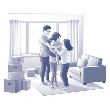A family of four is gathered in the living room of their newly purchased home. The parents and two children are embracing each other joyfully. They are surrounded by several moving boxes stacked around the room. The floor is partially covered with packing materials and there is a sense of excitement in the air. A small sofa sits against one wall, and a large window allows natural light to fill the space. The walls are bare, awaiting decoration. The family members display a sense of warmth and togetherness in this new environment.