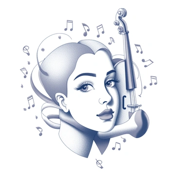 A face created with intricate line art. The features of the face, such as the eyes, nose, and mouth, are elegantly stylized with smooth, flowing lines. Surrounding the face are various musical notes and instruments, including a large violin and a trumpet, both rendered in line art that intertwines with the facial features. The musical notes are gracefully scattered around, creating a sense of rhythm and harmony. The overall composition appears balanced, with the instruments and notes enhancing the facial elements without overwhelming them.