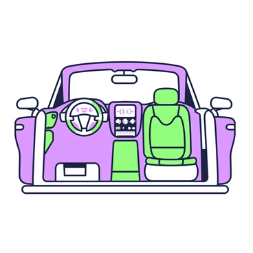 The interior of a luxurious car is displayed. The dashboard features a high-tech design with multiple screens showing various information. The leather seats are arranged in a plush configuration, with a detailed stitching pattern visible on the surfaces. Ambient lighting highlights the contours of the seats and dashboard. A sleek steering wheel is positioned in front of the dashboard, showcasing integrated controls. The floor is carpeted, adding to the overall elegance of the car's interior.