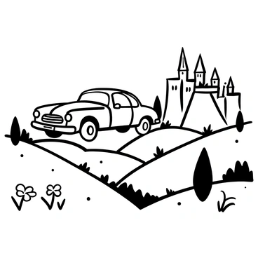 A "magical flying car" is soaring above a lush countryside landscape, surrounded by rolling hills and scattered trees. The vehicle has a vintage design, with intricate details like shining chrome accents and rounded edges. Below the car, there are patches of green grass and wildflowers. In the distance, "Hogwarts" castle is partially visible, perched atop a cliff, with its tall towers and turrets silhouetted against the sky. The scene captures a sense of adventure and freedom as the car glides gracefully through the air.