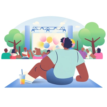 A patron with medium skin and curly black hair is sitting on a picnic blanket in the park, enjoying live music at an open-air concert. They are wearing a light blue t-shirt and denim shorts, with sunglasses perched on their head. In front of them, a white cup filled with a colorful drink is resting on the blanket. Around them, other concert-goers are scattered, some clapping and dancing, while a stage with bright lights is visible in the background. There are green trees surrounding the area, and a blue sky with a few fluffy clouds overhead.