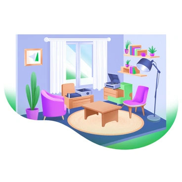 An interior space filled with reused items, featuring a combination of vintage and modern furniture. A mid-century wooden coffee table sits in the center, surrounded by a pair of colorful, mismatched chairs. A large, stylish floor lamp stands next to a vintage record player in the corner. The walls are adorned with a mix of framed artwork and repurposed wooden shelves holding books and plants. Natural light streams in through a large window, casting soft shadows across the room. In one corner, a potted plant adds a touch of greenery, while a woven rug ties the space together.