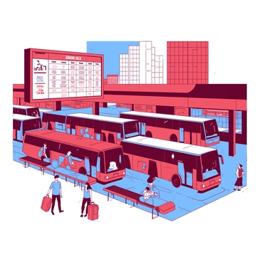 A red bus terminal is filled with activity as multiple coach buses in different shades of blue are arriving and departing. Some buses have their doors open, allowing passengers to board and disembark. There are people of various ages with luggage, eagerly moving about the terminal. A large electronic timetable hangs above, displaying upcoming bus schedules. In the background, there are tall buildings with large windows reflecting the busy scene below. The ground is paved with gray tiles, and there are benches where some travelers are seated, waiting for their buses.
