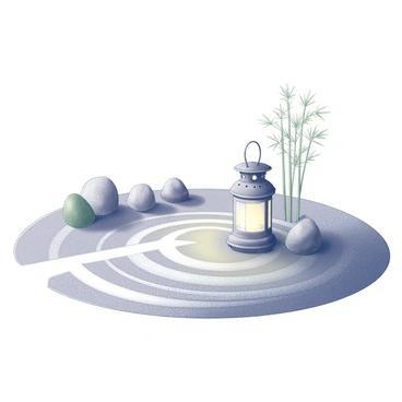 A serene zen garden featuring meticulously raked gravel patterns forming concentric circles. In the center stands a stone lantern, shaped like a "pineal gland," casting a soft light that illuminates the nearby moss-covered rocks and delicate bamboo shoots. Surrounding the lantern are carefully placed stones, adding to the tranquil atmosphere. A small, winding path leads through the garden, directing the viewer’s gaze towards the lantern as the focal point of the scene.