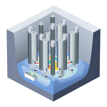 A cross-section view of a nuclear reactor core is depicted. The core contains several vertical fuel rods, which are cylindrical and arranged in a square lattice formation. The fuel rods have a metallic surface and are filled with dark-colored fuel pellets. Surrounding the fuel rods is a flowing coolant, represented by blue and white colors to symbolize fluid dynamics. The coolant flows in a circular pattern around the rods, highlighting the cooling process. The reactor walls are thick and made of a dark material, providing structural support. Additionally, there are control rods inserted between the fuel rods, presenting a silver metallic sheen, and instrumentation devices are visible near the bottom of the core.