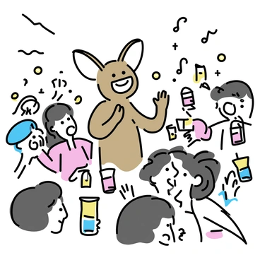 An alien creature with large ears and a furry brown body is standing among a crowd at a concert. The alien is clapping its hands enthusiastically, a wide smile on its face as it enjoys the music. Surrounding the alien are numerous fans, raising their hands in excitement, some holding colorful drinks. The atmosphere is lively, with bright lights illuminating the scene and an energetic vibe as everyone shares in the joy of the performance.