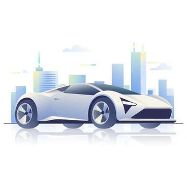 A futuristic luxury sports car is positioned prominently in the center of the image. The car features an aerodynamic body with smooth, flowing lines and a metallic silver finish that reflects light. Its headlights are narrow and angular, integrated seamlessly into the design, while the wheels are large with a unique tread pattern. The car's windows are tinted, giving it an edgy appearance. Surrounding the car, there is a subtle hint of a high-tech cityscape in the background, with tall, gleaming skyscrapers and neon lights. The ground below the car has a sleek surface, reflecting its shape and colors, enhancing the futuristic feel of the scene.