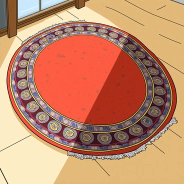 A large, oval rug with intricate patterns now appears worn and faded. The once bright colors are muted, showcasing hints of deep reds, blues, and yellows that have lost their vibrancy. The edges of the rug are frayed, with threads slightly unraveling in several places. Dust and dirt are visible on the surface, indicating it has been lying undisturbed for some time. The rug is placed on a light wooden floor, which contrasts with its dulled colors. Sunlight streams in from an unseen window, casting gentle shadows across the rug's surface.