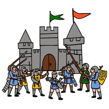 A group of soldiers wearing heavy metal armor, with various designs and emblems, is gathered in front of a large fortified castle with tall stone walls and battlements. Some soldiers are loading large wooden catapults with heavy stone projectiles, while others are checking their equipment and preparing for the impending siege. The sky is overcast, adding a sense of urgency to the scene. The castle has a large wooden door and flags waving in the wind, showcasing their colors. The soldiers are focused and determined, illustrating the intensity of the upcoming battle.
