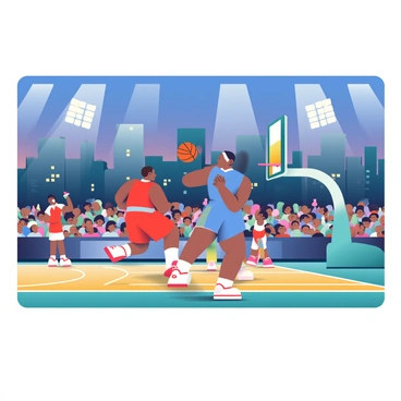 A basketball game is taking place under bright stadium lights. Players wearing red and blue uniforms are actively engaged in a competitive match on the hardwood court. One player is jumping to make a shot while another is defending closely. The crowd in the stands is filled with enthusiastic spectators, some waving flags and others cheering. Behind the arena, a city skyline is visible, showcasing tall buildings against a twilight sky filled with deep blue and hints of orange. The scene captures the excitement and energy of the game alongside the urban backdrop.