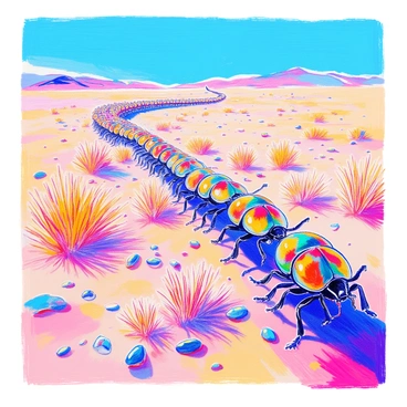 An army of scarab beetles is marching in tight formation across a vast expanse of sandy terrain. Each beetle displays a shiny, iridescent shell that catches the light, shimmering in various shades of green and gold. The ground beneath them is a mix of soft sand and scattered pebbles, with a few tufts of dry grass peeking through. In the distance, a clear blue sky stretches endlessly, providing a stark contrast to the dark, shiny bodies of the beetles. The line of beetles is perfectly organized, creating an impressive visual of unity and purpose as they move forward.