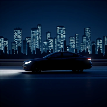 A silhouette of a car is shown driving along a city street at night. The car is sleek and modern, emphasizing its streamlined shape. In the background, there are tall skyscrapers illuminated with bright lights, creating a dynamic urban skyline. The street is lined with faint outlines of buildings, while the night sky is filled with a deep blue hue, providing a contrast to the glowing windows of the skyscrapers. The scene captures the essence of a bustling city life after dark.