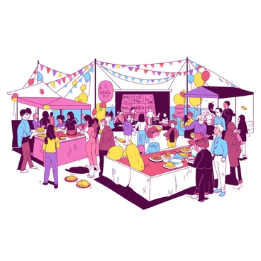 A vibrant scene of an annual crepe festival taking place in an open area. Colorful stalls are set up along the pathways, each adorned with banners displaying various crepe flavors. Crowds of people are gathered, some indulging in delicious crepes while others are chatting and enjoying the festive atmosphere. In the background, a small stage is set up where musicians are performing live music, creating a joyful ambiance. Bright decorations like balloons and streamers hang between the stalls, enhancing the lively spirit of the festival.