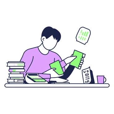 An accountant is sitting at a desk, focused on calculating numbers using a calculator. The desk is cluttered with various financial documents, including spreadsheets and reports. To the left of the accountant, there is a stack of papers neatly organized with a paperclip. On the right, a coffee mug sits next to a notebook filled with handwritten notes. The room is well-lit, providing a clear view of the accountant's concentration as they work diligently.