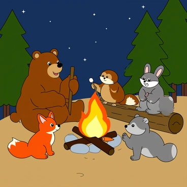 A group of talking animals gathered around a campfire, sharing stories