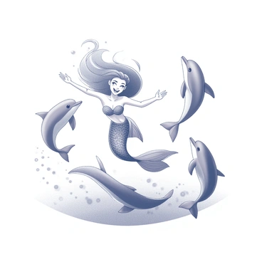 A mermaid with long flowing hair swims gracefully through the water. She displays a joyful expression while interacting with dolphins that leap around her, creating splashes that radiate outward. The surface of the water reflects the movement, making it appear dynamic and lively. The scene captures the playful energy between the mermaid and the dolphins, showcasing their fluid movements in the aquatic environment.