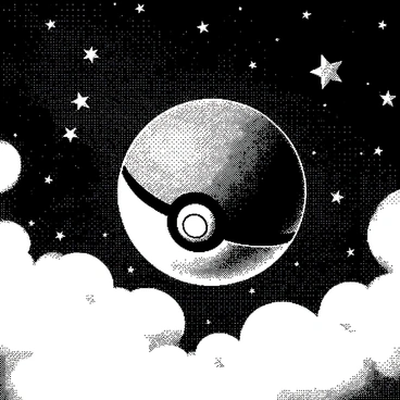 A "Pokeball" is floating in the air, surrounded by a cluster of stars and fluffy clouds. The "Pokeball" is centered in the image, with its distinct red and white design clearly visible. The stars twinkle brightly around the "Pokeball," while the clouds are soft and billowy, creating a whimsical atmosphere. The overall composition suggests a sense of wonder and imagination, as if the "Pokeball" is on a journey through a magical night sky.