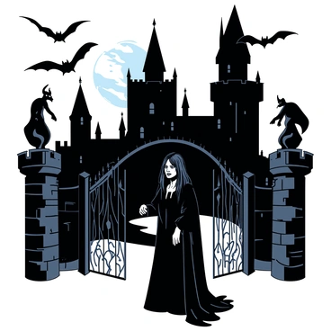 A dark gothic castle towers against a night sky, its stone walls adorned with intricate gargoyles. Bats are flying around the castle, their silhouettes contrasting sharply against the moonlight. At the entrance of the castle stands a pale vampire with long black hair, dressed in a flowing dark cloak. The vampire's eyes glint with an eerie light, and fangs are visible as they gaze menacingly into the distance. The entrance is flanked by tall, twisted iron gates that are partially open, inviting an air of mystery.