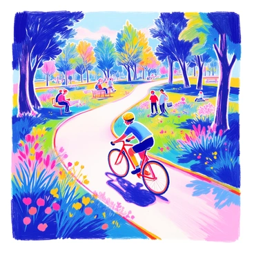 A cyclist is pedaling quickly along a winding path in a vibrant park. The cyclist is wearing a bright yellow helmet and a form-fitting blue jersey. Surrounding the path, there are lush green trees with sunlight filtering through their leaves, creating dappled patterns on the ground. The grass is a vivid shade of green, and colorful flowers are scattered throughout the park. The path curves dramatically, emphasizing the motion of the cyclist. In the background, other park-goers are enjoying the day, some sitting on benches and others walking dogs. The scene is lively and dynamic, showcasing the energy of a sunny day in the park.