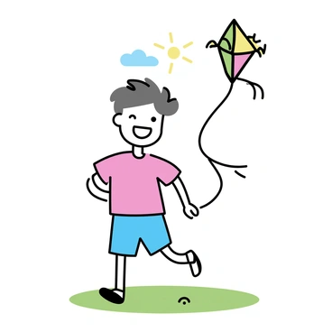 A cheerful boy with short brown hair wearing a red t-shirt and blue shorts is running across a green field. He is laughing joyfully as he holds a string leading to a colorful kite soaring in the blue sky above him. The kite is shaped like a dragon, with vibrant shades of green, yellow, and red. The sun is shining brightly, illuminating the scene and casting soft shadows on the ground.