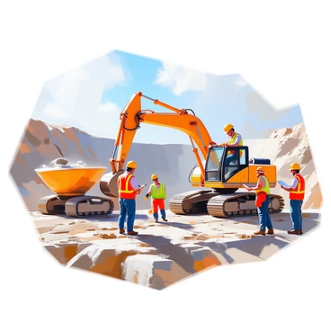 A group of construction workers wearing bright yellow hard hats, safety vests, and gloves is actively engaged in operating heavy machinery at a construction site. One worker is driving an excavator, skillfully maneuvering the large arm, while another is overseeing the operation with a clipboard in hand, ensuring safety protocols are followed. Nearby, a cement mixer is pouring concrete into a formwork, with a few workers preparing materials for the next phase of the dam's construction. The scene captures the energy and determination of the workers as they collaborate to build a large dam structure against a backdrop of earth and machinery.