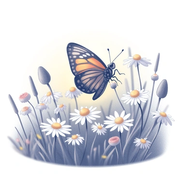 A "monarch butterfly" is in motion. It has distinct orange and black wing patterns as it gracefully flutters among the wildflowers. The meadow is populated with various types of flowers, including daisies and poppies, each with unique shapes and sizes. The sun is shining brightly, casting light that creates sharp contrasts and highlights the details of the butterfly's wings. The background features a soft, blurred effect of greenery, indicating the presence of grass and plants surrounding the flowers.