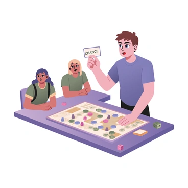 A player with short brown hair and wearing a blue t-shirt is standing at a game board. The player is holding a "Chance" card in their right hand, looking surprised with wide eyes and an open mouth. The game board is colorful and features various spaces, with tokens and dice scattered around it. In the background, there are other players sitting at the table, watching the player with curious expressions. A small stack of "Chance" cards is visible next to the game board on the table.