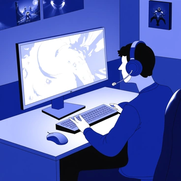 A focused gamer is seated in front of a high-end gaming PC. The gamer wears a headset, with a microphone positioned near their mouth. The screen displays an intense gaming scene, with vibrant graphics visible. The room is dimly lit, creating a contrast between the bright monitor and the shadows around. The gamer’s hands are poised over a mechanical keyboard, fingers ready to strike the keys. A gaming mouse sits beside the keyboard, positioned for quick access. Subtle details in the room include gaming posters on the walls and LED strips casting soft light around the setup.