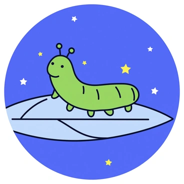 A green caterpillar with small legs is crawling across a silver-tinged leaf. The leaf has a smooth surface that reflects the soft glow of the moonlight. The moonlight creates gentle shadows on the leaf, emphasizing the caterpillar's textured body. The background features a deep blue night sky dotted with small stars.