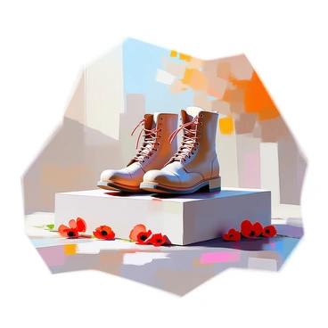 A pair of empty military boots, worn and weathered, is placed solemnly on a memorial pedestal made of polished stone. The boots are laced tightly, standing upright and representing the absence of a soldier. The pedestal is surrounded by small, vibrant red poppies, symbolizing remembrance. Soft shadows fall around the scene, highlighting the boots and creating a somber atmosphere. The backdrop features blurred trees, suggesting a quiet, reflective space dedicated to honoring those who served.