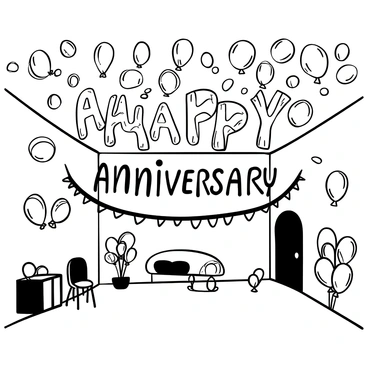 A spacious room with a ceiling adorned with numerous "colorful balloons" that create the words "Happy Anniversary." The balloons are arranged in various shapes and sizes, floating gently against the ceiling. There are additional balloons scattered around the room, some tied to chairs and others resting on the floor. A large decorative banner displaying "Happy Anniversary" hangs across one wall, complementing the balloons. The scene is filled with festive decorations, creating a lively atmosphere.