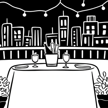 A table is elegantly set for two, adorned with a white tablecloth and fine dinnerware. In the center, there are several flickering candles, casting soft light. A bottle of wine sits in an ice bucket next to two wine glasses. Surrounding the table are decorative floral arrangements. In the background, the city skyline is visible, showcasing various tall buildings against the night sky. The setting includes a few hanging string lights that add to the ambiance of the rooftop.