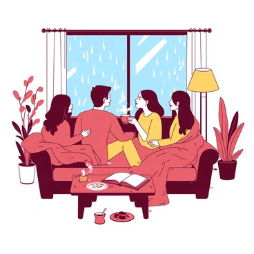 A warm, inviting indoor scene featuring a group of four people seated on a comfortable couch. They are gazing out through a large window, where raindrops are cascading down the glass, creating a pattern of droplets. The room is illuminated by soft, ambient light coming from a nearby lamp with a warm glow. One person is holding a steaming cup of tea, while another is wrapped in a colorful knitted blanket. A small wooden table in front of them holds an open book and a few scattered snacks. In the background, there are potted plants adding life to the cozy atmosphere.
