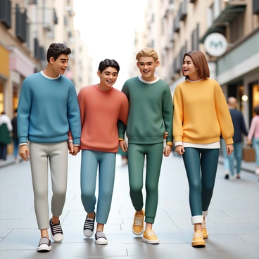 A group of four friends, each wearing trendy pullovers in various colors. One friend has a blue pullover, another is in a red pullover, the third sports a green pullover, and the last one wears a yellow pullover. They are walking closely together down a bustling city street. The street is lively, filled with people walking by, and there are shopfronts visible on either side. The friends are laughing and chatting, creating a sense of camaraderie as they stroll along.