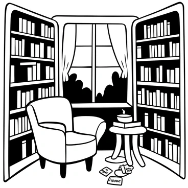 A quaint library nook filled with tall, wooden bookshelves overflowing with books. A plush armchair is positioned in the corner, accompanied by a small wooden side table stacked with more books and a steaming cup of tea. A delicate note with the text "You're a great reading companion!" is placed on the table, surrounded by a few scattered bookmarks. A soft lamp casts a warm glow, illuminating the cozy space. In the background, there are large windows with curtains partially drawn, allowing glimpses of a tranquil garden outside.
