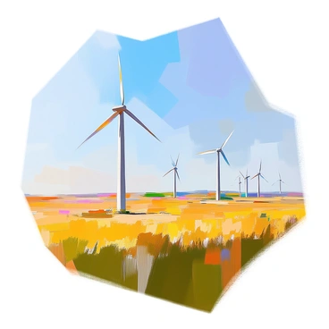 A vast field stretches out under a bright blue sky, dotted with several wind turbines. The turbines have tall, slender white towers, and their blades are rotating gently in the breeze. The grass in the foreground is a vibrant green, swaying slightly as the wind passes through. In the distance, the horizon blends seamlessly into the azure sky, creating a peaceful atmosphere. The sunlight casts soft shadows of the turbines onto the ground, enhancing the sense of spaciousness in the scene.