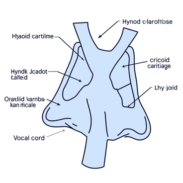 A labeled illustration of the larynx. The larynx is depicted in a light color to enhance clarity. The hyaline cartilage structures are prominently highlighted in a soft blue shade, outlining the supportive framework that holds the vocal cords. Labels are clearly marked in black text, pointing to important parts such as the thyroid cartilage, cricoid cartilage, and the vocal cords themselves. The overall composition is simple and organized for easy understanding.
