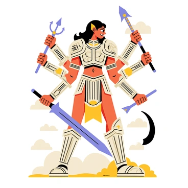 A fierce warrior goddess with multiple arms, depicted as "Durga" in intricately detailed armor. She has a determined expression, with fierce eyes and flowing hair. Each of her arms wields different weapons, including a sword and a trident. The armor is decorated with ornate patterns and symbols. The background features a hint of a battlefield, with clouds and a dramatic sky, suggesting a sense of impending action.