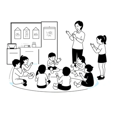 A group of children sitting in a circle on a colorful mat in a preschool classroom. They are playing various small instruments, including tambourines, maracas, and xylophones. Each child shows excitement as they participate in the music session. A teacher stands nearby, clapping along to the rhythm, encouraging the children with a big smile. The room is filled with posters of musical notes and instruments, enhancing the joyful atmosphere. Sunlight streams in through the windows, illuminating the scene.