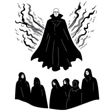 A dark figure representing Voldemort is floating mid-air, surrounded by swirling shadows and wisps of black energy radiating outward. His pale face is expressionless, and his slitted nostrils create an ominous presence. Below him, a group of hooded followers in dark robes stands with their eyes wide in awe, gazing up at him. The scene is charged with tension as the followers show a mix of reverence and fear, their faces partially obscured by their hoods. The atmosphere is heavy, creating an impactful visual of power and domination.