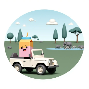 A juice box on a safari jeep, looking excited while spotting animals in the wild.