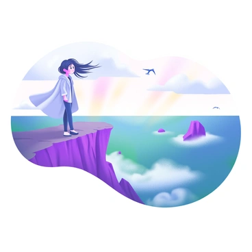 A modern pastel illustration of a person standing on a rocky cliff, with windblown hair and a contemplative expression. The individual is wearing a flowing coat, which billows in the wind. Below, the sea stretches endlessly, with waves crashing against the rocks. The sky is filled with soft, fluffy clouds and hints of pastel colors radiating across the horizon. The person's gaze is directed towards the horizon, reflecting a deep sense of introspection. Small birds can be seen flying in the distance, adding a sense of movement to the scene.