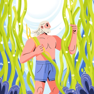 A muscular figure of "Poseidon" with flowing hair and a beard stands in a dense forest of "towering seaweed" that stretches upwards like trees. The seaweed is bright green with intricate textures and sways gently as if moved by an underwater current. Poseidon holds a "golden trident" in one hand, while his other hand touches the seaweed, exploring its surface. Bubbles rise around him, and small fish dart in and out of the seaweed, adding life to the scene. Sunlight filters through the water above, casting dappled light on the vibrant greens and blues of the underwater environment.