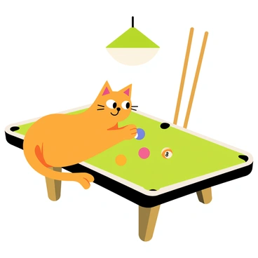 A curious orange tabby cat is sitting on a green billiard table. The cat is playfully pawing at a set of colorful billiard balls, with a focus on the number 8 ball, which is slightly rolling away. The table is surrounded by wooden cues leaning against the side, and a light fixture hangs above, casting soft light on the scene. The cat looks intrigued, with its ears perked up and eyes wide open, capturing the playful nature of the moment.