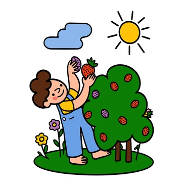A child with light skin and big eyes is happily picking fresh berries from a bush. The child has curly brown hair and is wearing a bright yellow t-shirt and blue overalls, with bare feet on the green grass. The sun is shining brightly, creating a warm atmosphere. The bush is full of ripe red and purple berries, and the child is smiling as they reach for a handful. In the background, there are a few flowers blooming and a clear blue sky.