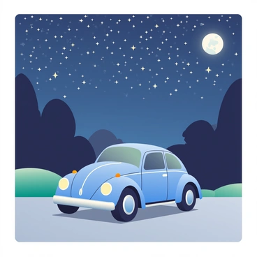 A blue VW Beetle is parked on a gravel road. The car has round headlights and a shiny chrome bumper. Above the car, a blanket of twinkling stars lights up the night sky. The stars are scattered across a deep indigo backdrop, creating a sparkling effect. In the background, there are silhouettes of dark trees framing the scene. The moon is partially visible, casting a soft glow on the car's surface.