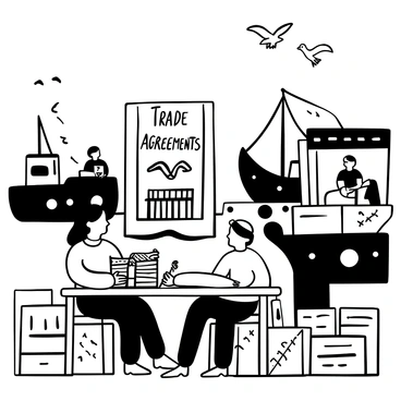 A woman with long hair wearing traditional attire is seated at a wooden table in a bustling port. She is surrounded by large shipping crates and boats moored nearby. The woman is focused on a stack of parchment papers and is using a quill to write. In front of her, two merchants are engaged in discussion, with one pointing at the documents. A large "Trade Agreements" sign is visible in the background. Seagulls are flying above, and sailors are busy loading and unloading cargo.
